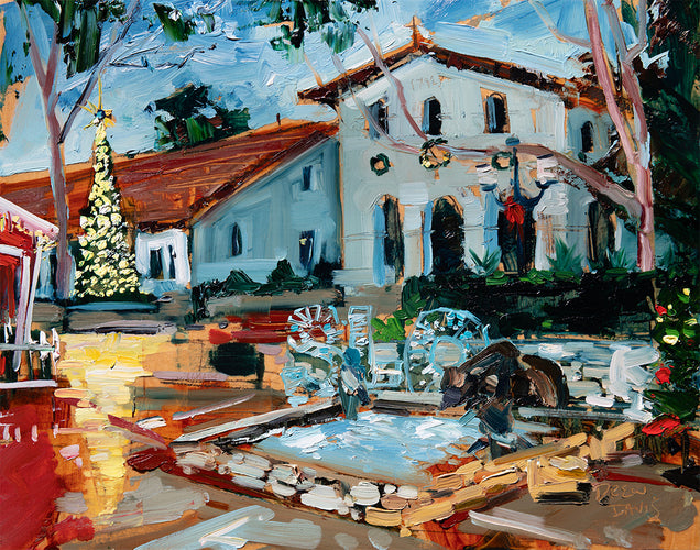 Chrismas in the Mission by Drew Davis — Oil on Canvas, 48×60 in