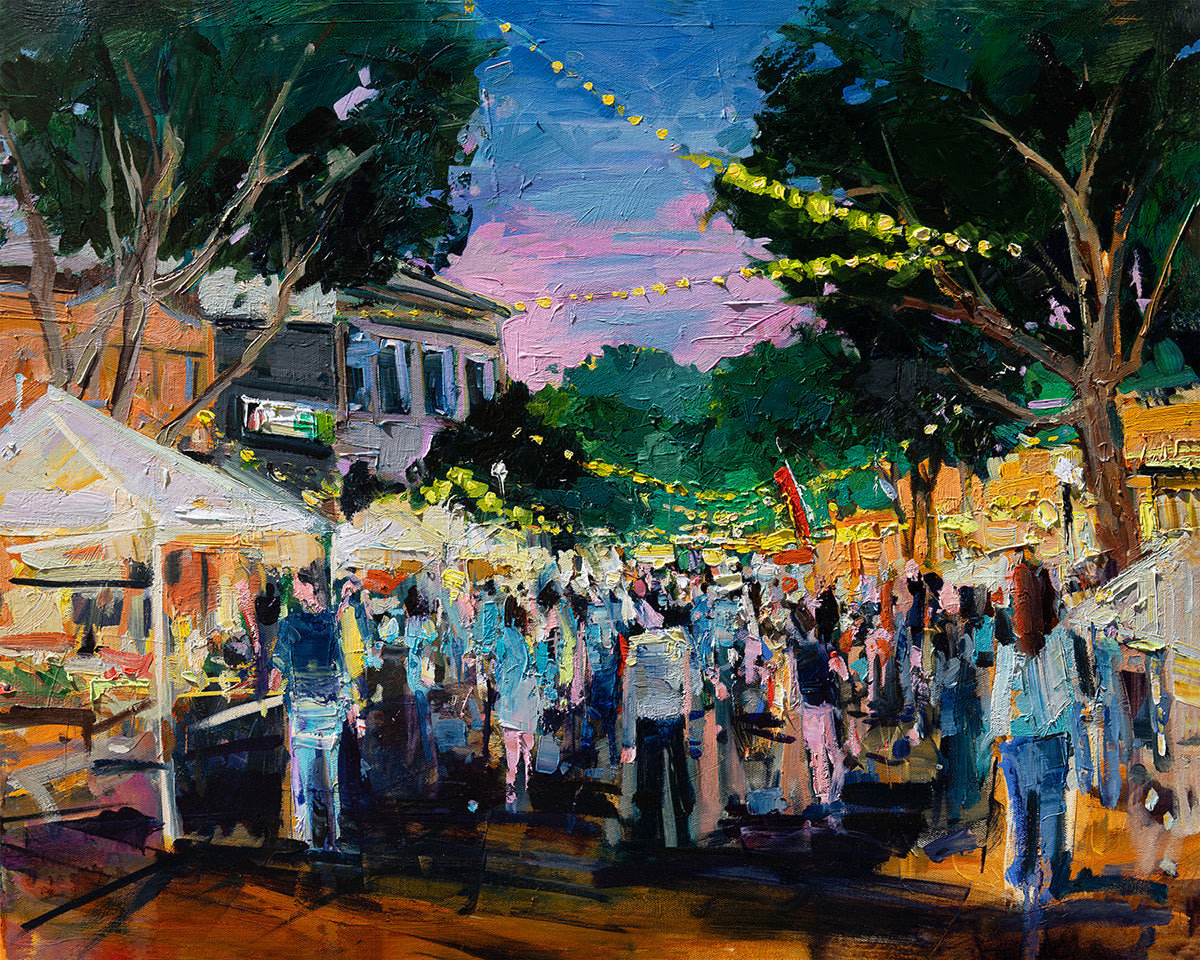 Farmers Market Sunset by Drew Davis — Oil on Canvas, 48×60 in