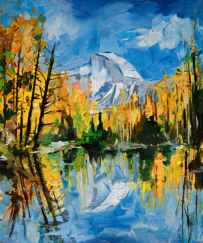 Half Dome Fall Reflection by Drew Davis — Oil on Canvas, 20×24 in