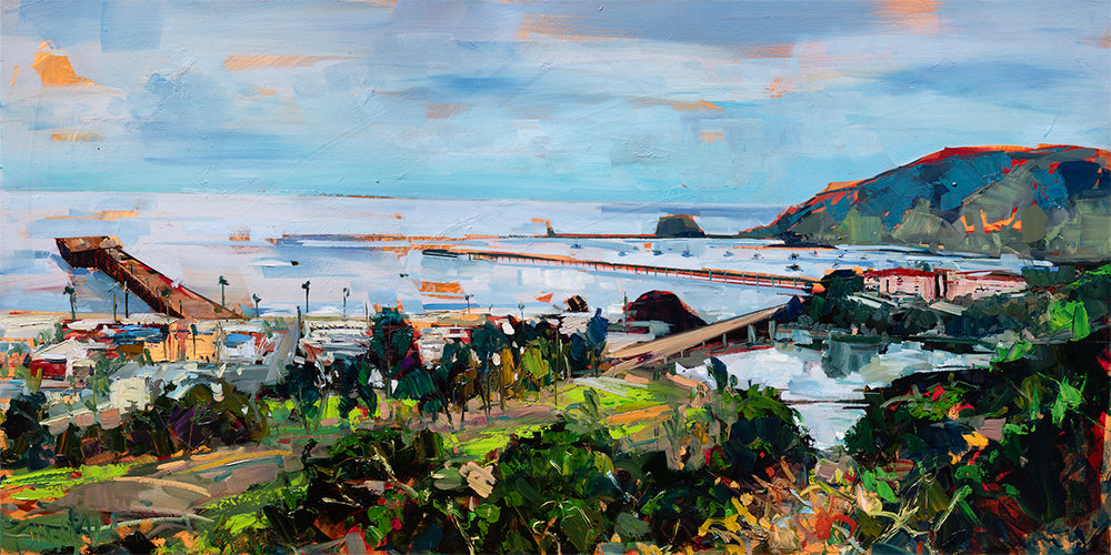 Over Avila Beach by Drew Davis — Oil on Canvas, 30×60 in
