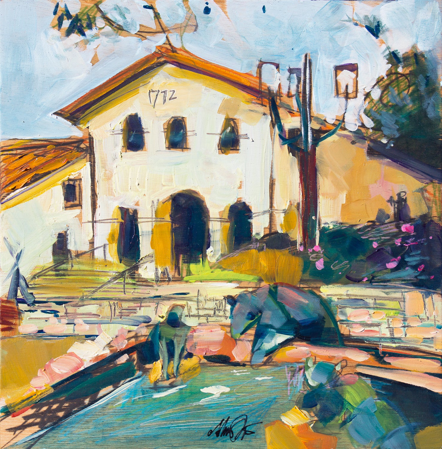 Slo Mission Fountain by Drew Davis — Oil on Canvas, 48×48 in