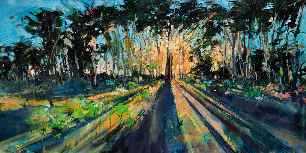 San Simeon Point Tree Ray Glow by Drew Davis — Oil on Canvas, 30×60 in
