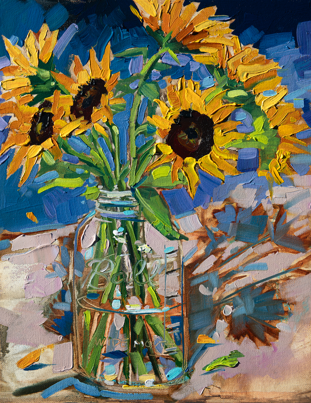Sunflowers in Mason Jar by Drew Davis — Oil on Canvas, 11×14 in