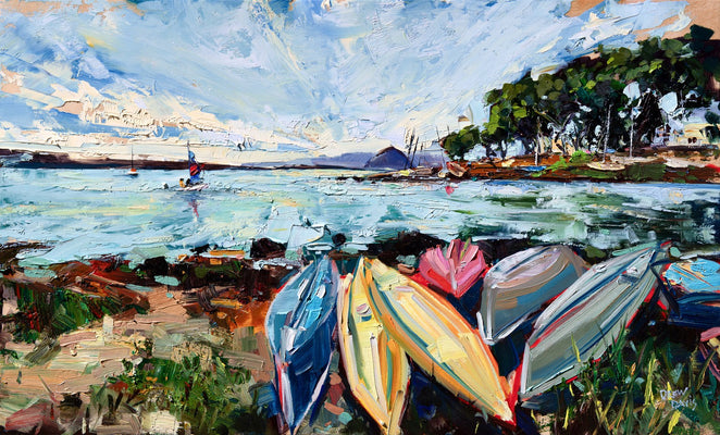 Tranquil Los Osos Bay Kayaks by Drew Davis — Canvas Print, 15×25 in