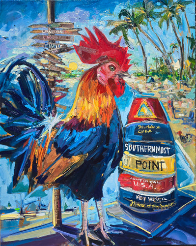 Key West Rooster by Drew Davis — Oil on Canvas, 48×60 in