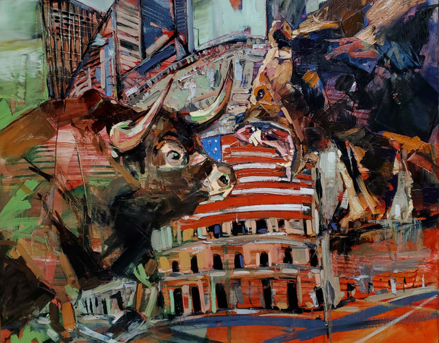 Bulls Vs Bears by Drew Davis — Oil on Panel, 48×60 in