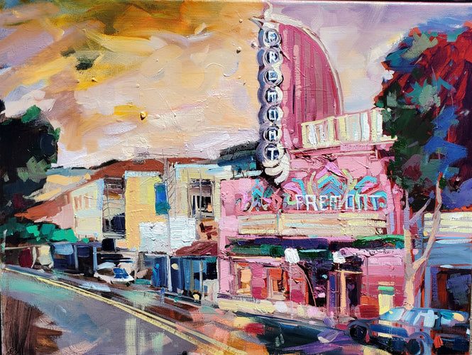 Muggy Day Movies at the Fremont Theater by Drew Davis — Oil on Canvas, 43×56 in