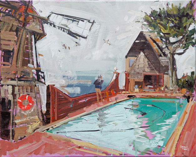 Chapman House Pool by Drew Davis — Oil on Canvas, 48×60 in