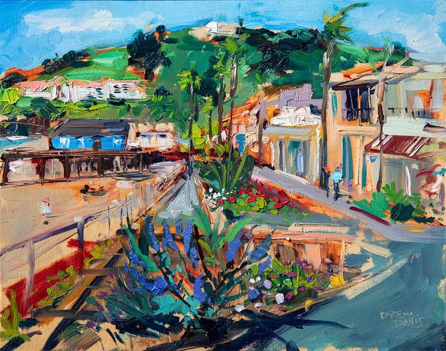 Downtown Avila Beach by Drew Davis — Oil on Panel, 48×60 in
