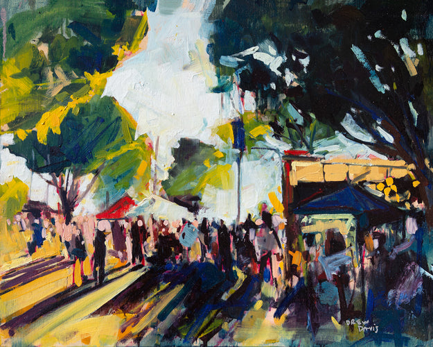 Slo Farmers Market by Drew Davis — Oil on Canvas, 48×60 in